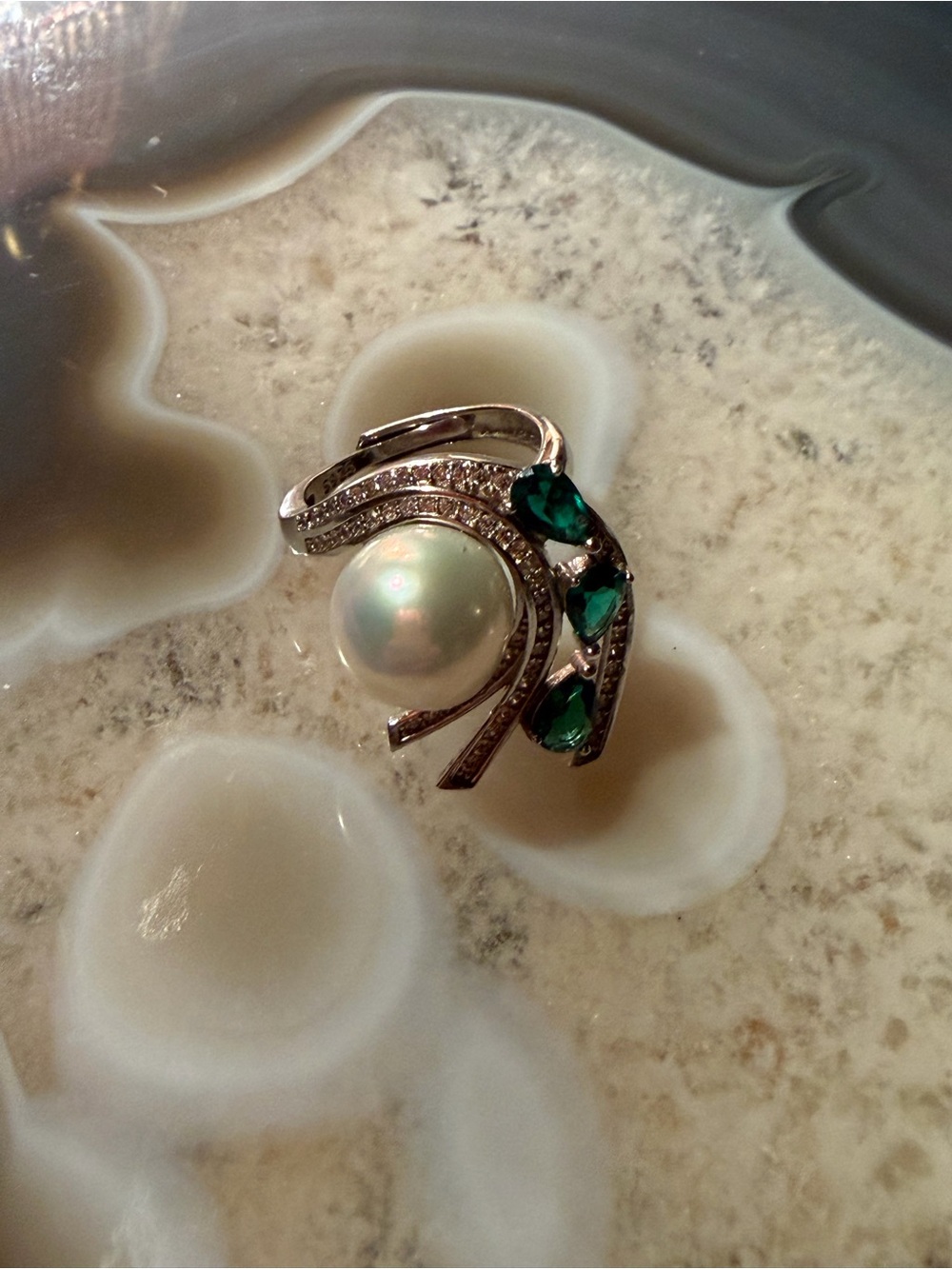 Estate Pearl Emerald Diamond Stamp 925 Sterling Silver Built in Extend Band Sz 8